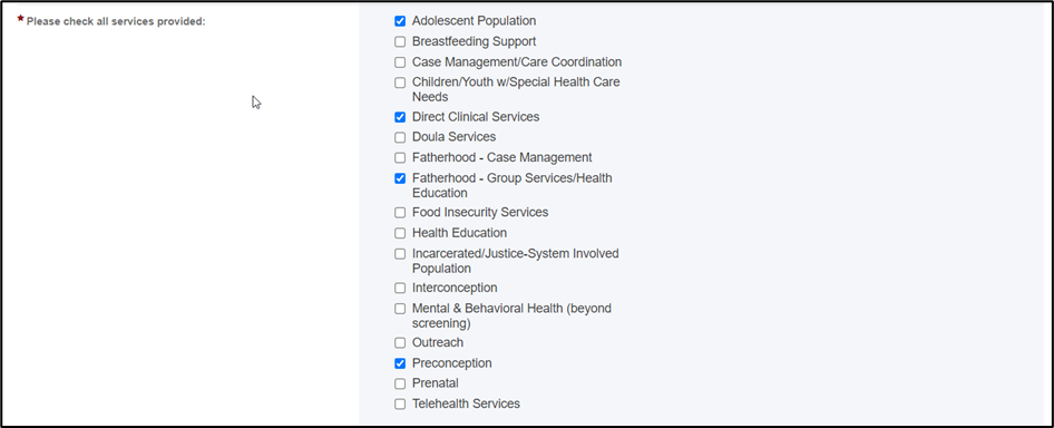 Screenshot of Select all services provided