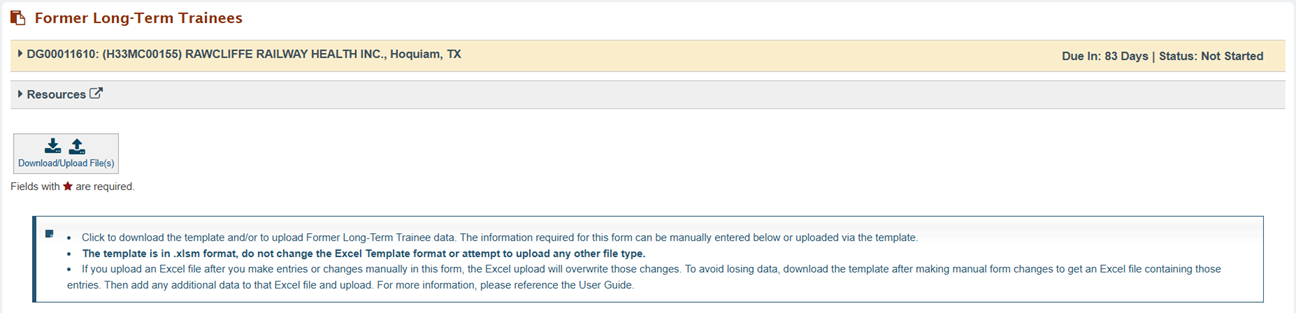 Screenshot of the Former Long Term Trainees page showing Download Upload button