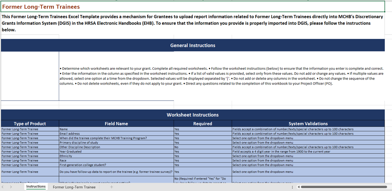 EHBs KB for Grantees > Former Long-Term Trainees Form > 10. FLTT-New.png (Former Long Terms Trainees Excel showing the Instructions tab) Screenshot of the Former Long Terms Trainees Excel showing the Instructions tab