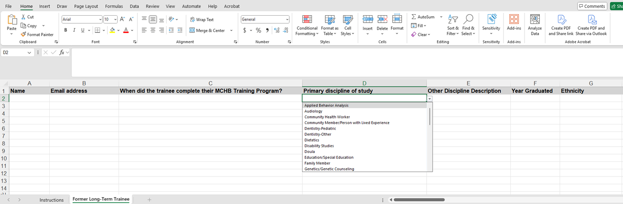Screenshot of the Former Longer Term Trainee Excel showing Former Long Term Trainee tab