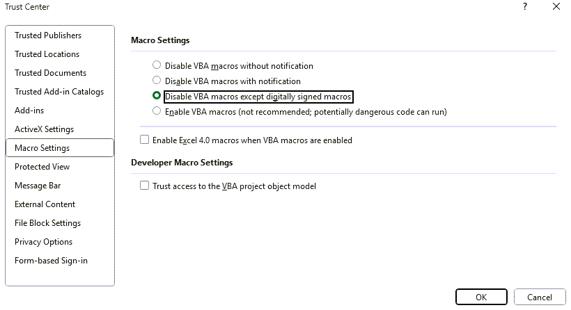 EHBs KB for Grantees > Former Long-Term Trainees Form > 14. FLTT-New.v2.png (Excel Options showing Trust Center and Disable VBA macros except digitally signed macros) Screenshot of the Excel Options showing Trust Center and Disable VBA macros except digitally signed macros