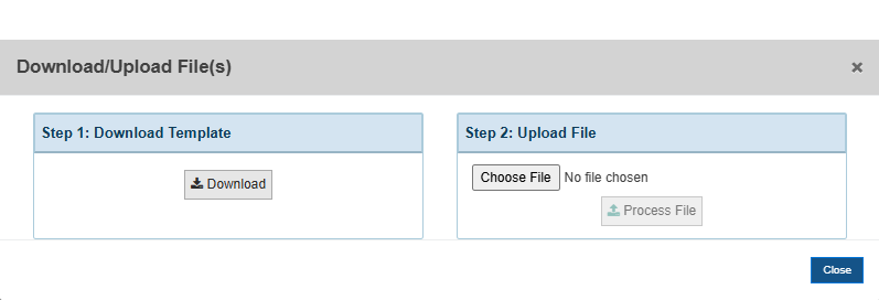 EHBs KB for Grantees > Former Long-Term Trainees Form > 2. FLTT-New.png (Download Upload Files section showing Step 1 Download Template and Step 2 Upload File) Screenshot of the Download Upload Files section showing Step 1 Download Template and Step 2 Upload File
