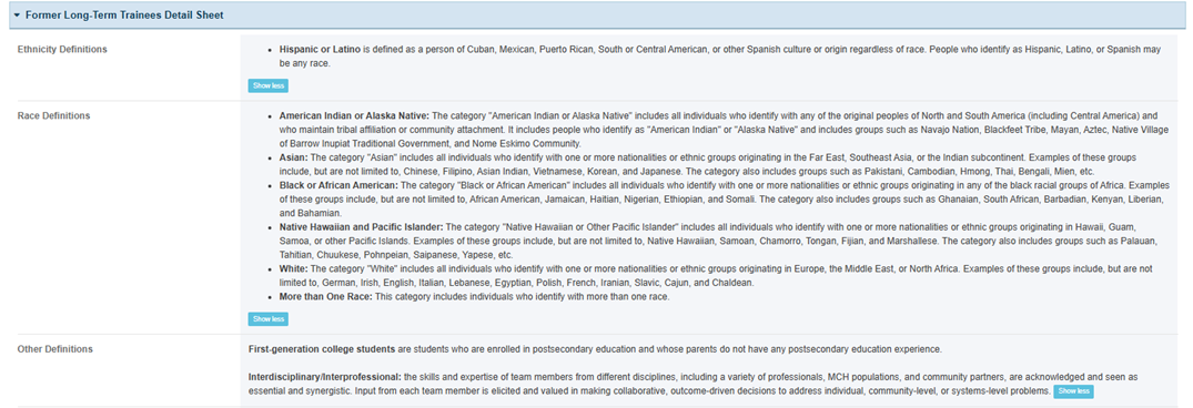 Screenshot of the Former Long Term Trainees Detail Sheet showing Ethnicity Definitions, Race Definitions, and Other Definitions