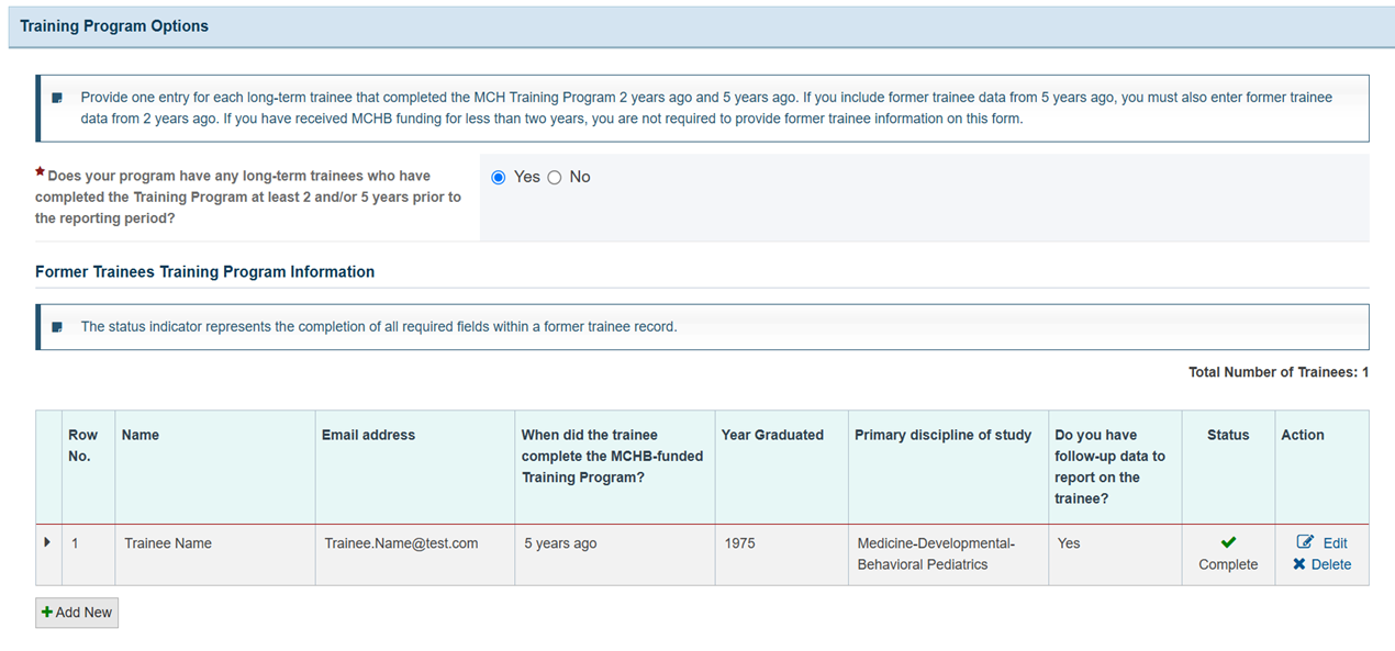 Screenshot of the Training Program Options section