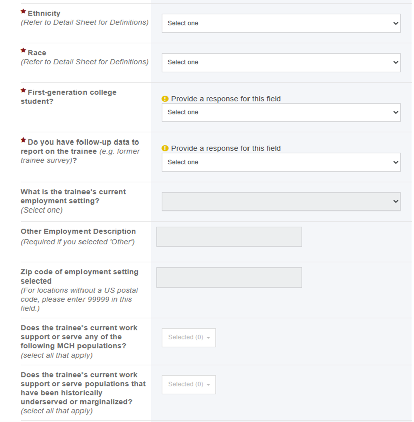 Screenshot of the Trainee Details section showing middle section of quetions
