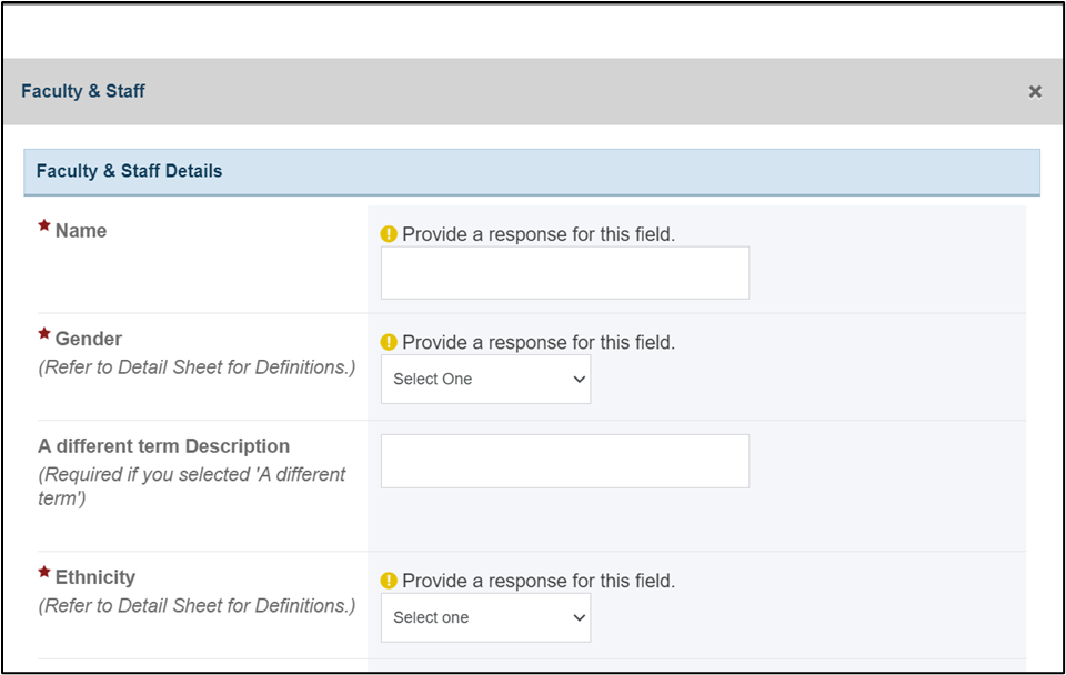 EHBs KB for Grantees > Faculty & Staff Form > image-2024-5-6_11-12-13-1.png (Faculty and staff details) Screenshot of Faculty and staff details