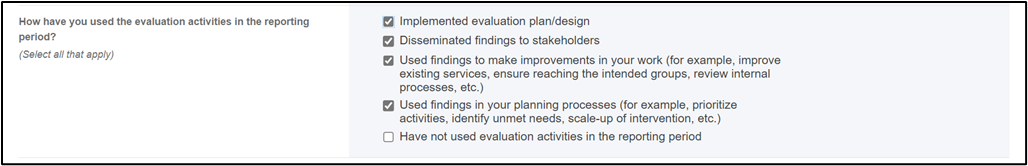 Screenshot of Activities during reporting period