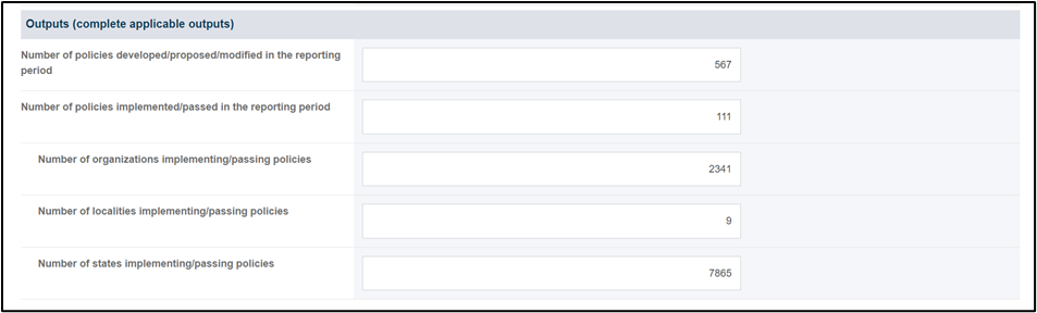 Screenshot of Outputs