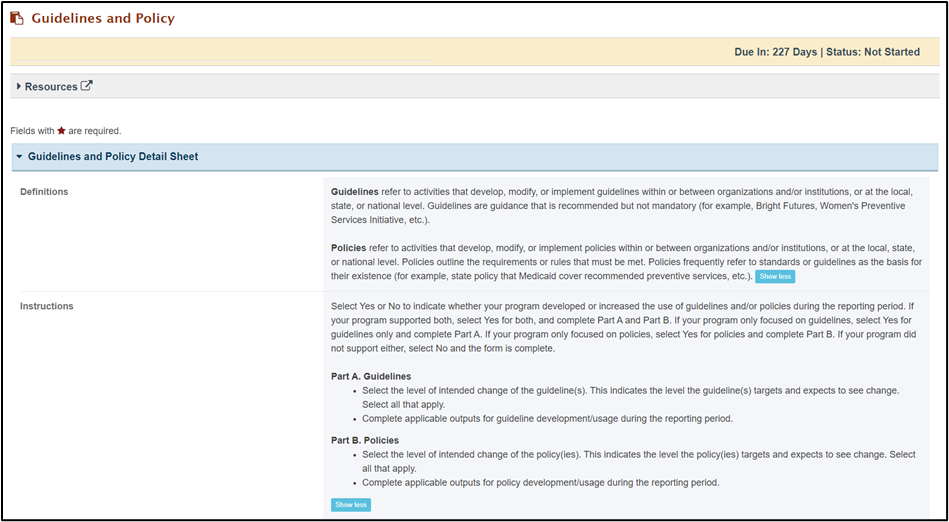 Screenshot of Guidelines and Policy