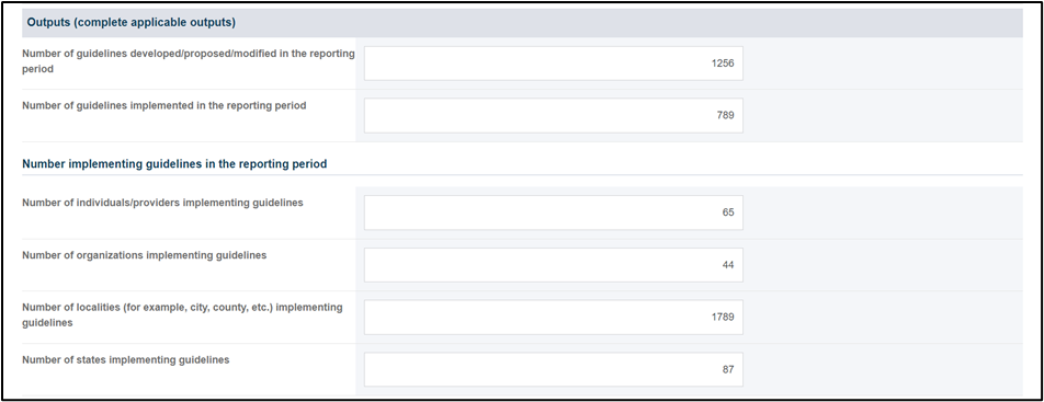 Screenshot of Outputs