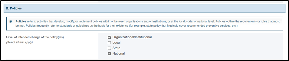 Screenshot of Policies