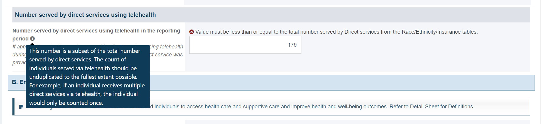 number served by direct services using telehealth Screenshot of number served by direct services using telehealth