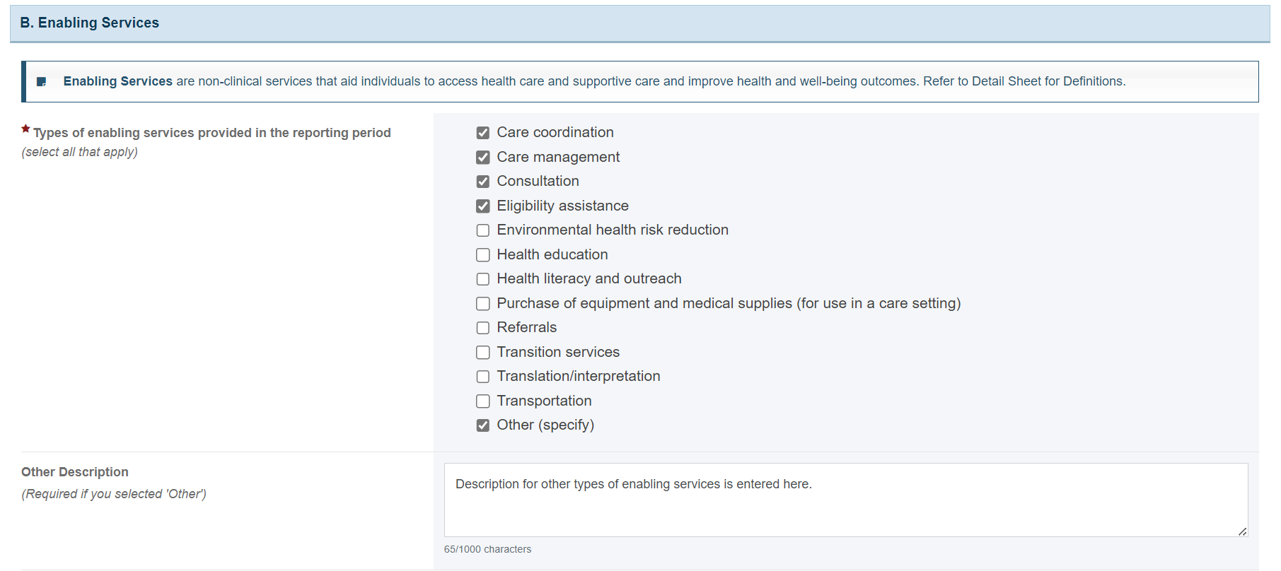 Screenshot of section b enabling services section