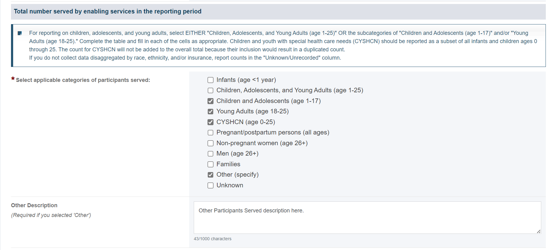 EHBs KB for Grantees > Direct and Enabling Services > DE13.png (total number served by enabling services in the reporting period) Screenshot of total number served by enabling services in the reporting period