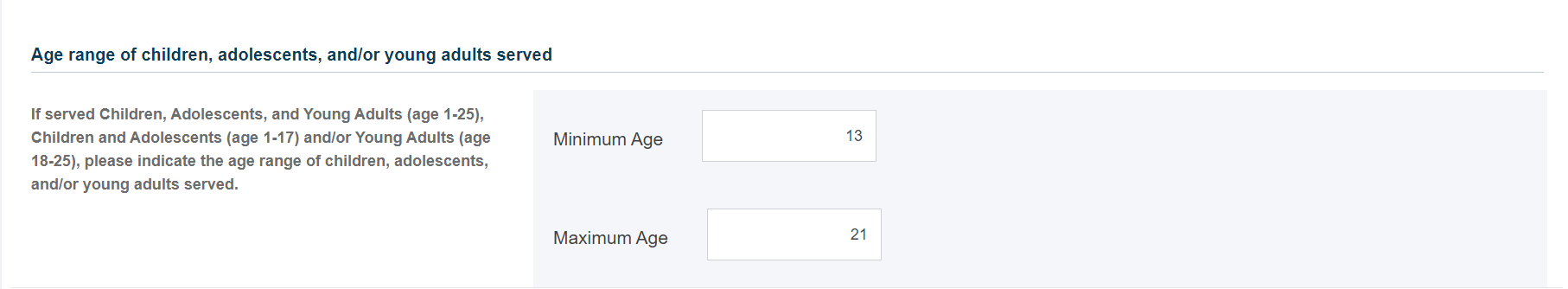 Screenshot of age range of children adolescents and young adults included section