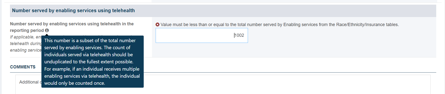 Screenshot of number served by enabling services using telehealth