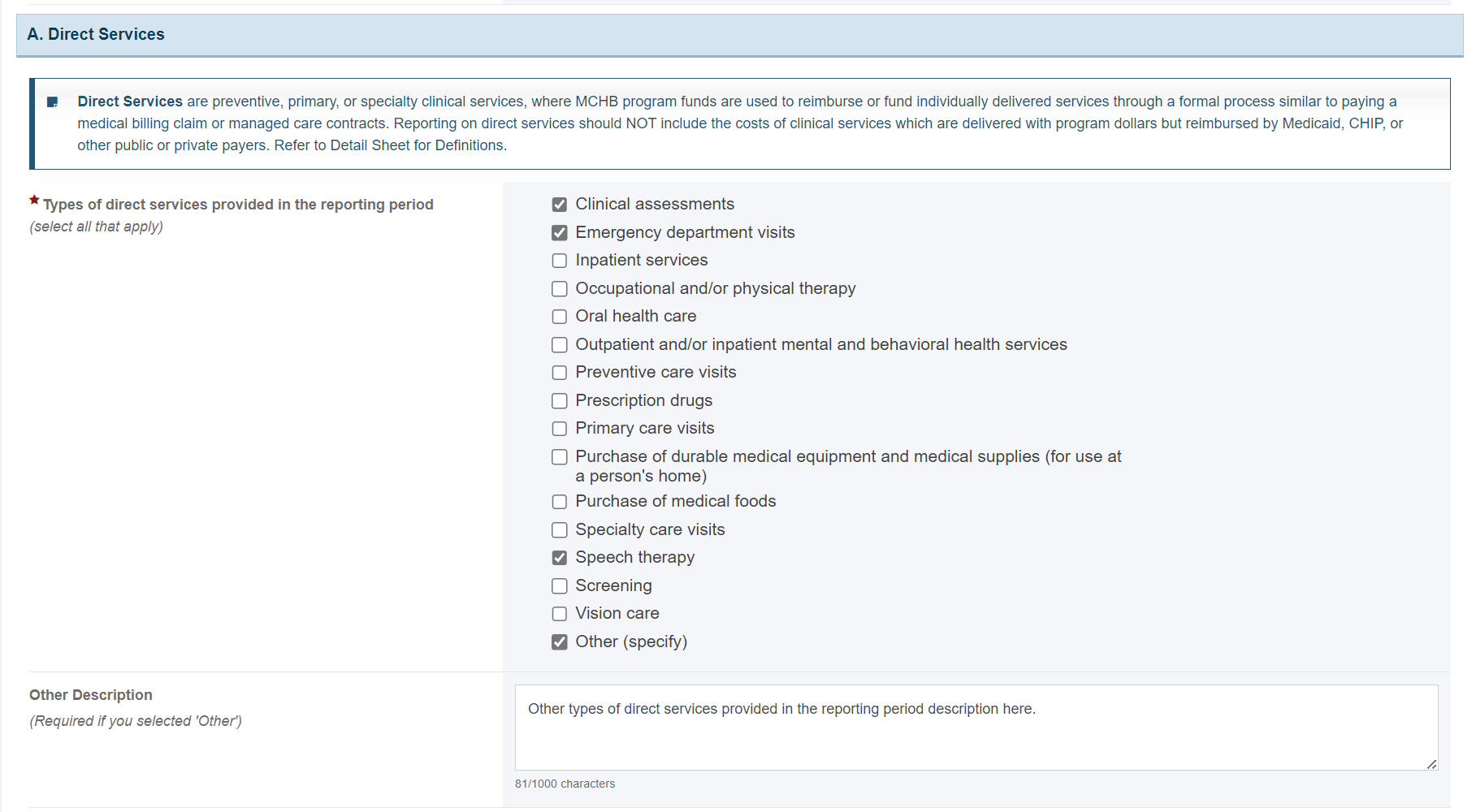 Screenshot of Direct services section