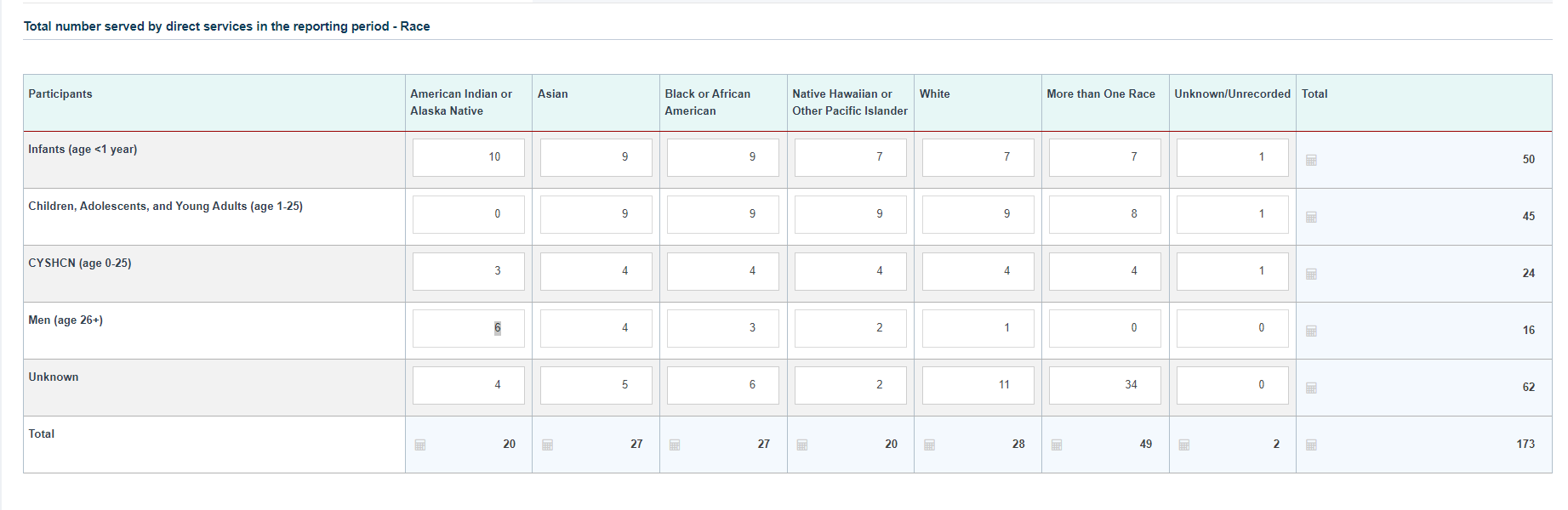 Screenshot of total number served by direct services in the reporting period race section