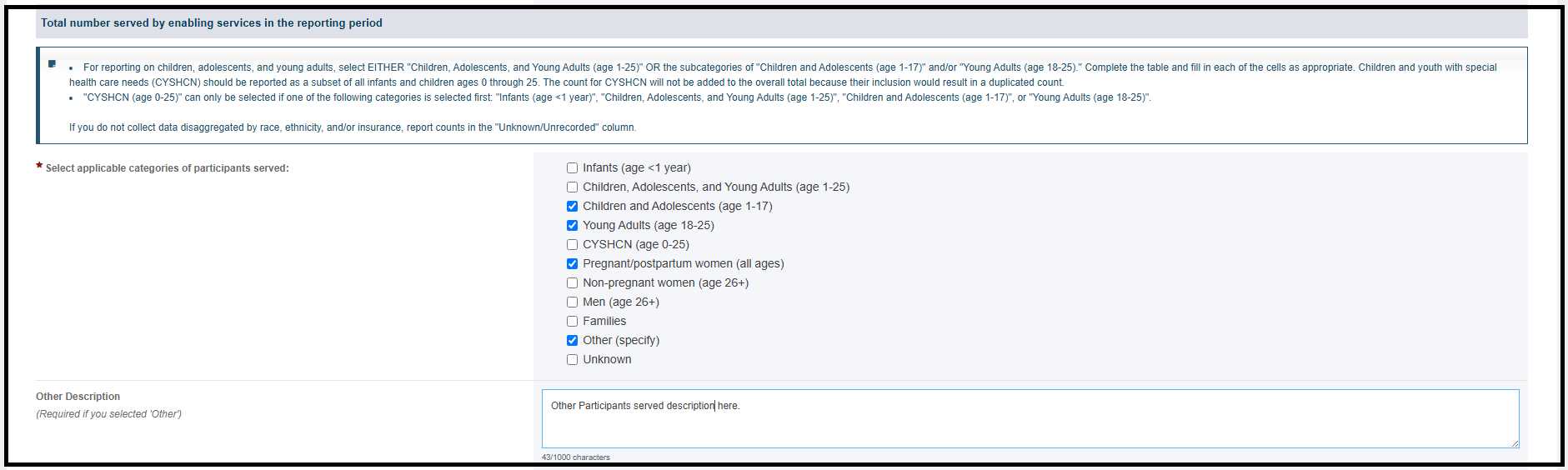 Screenshot of Total number served by enabling services in the reporting period