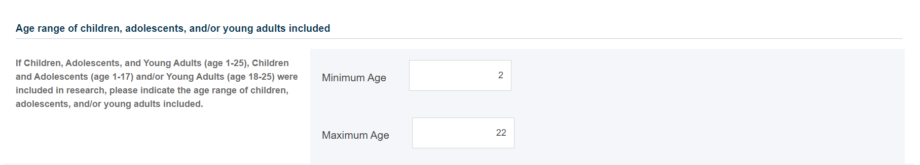 Age range of children section Screenshot of Age range of children section