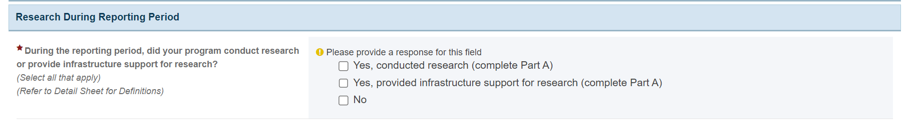 Screenshot of Research during reporting period section