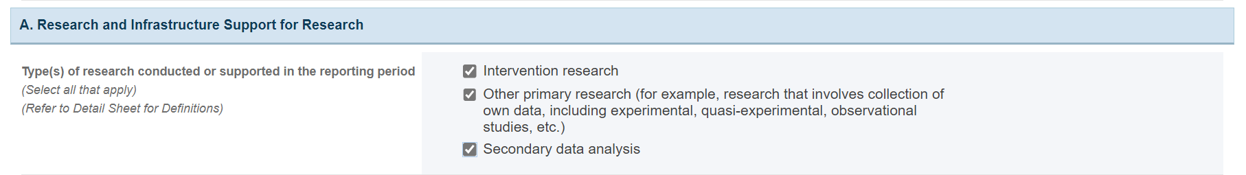Research and infrastructure support for research section Screenshot of Research and infrastructure support for research section