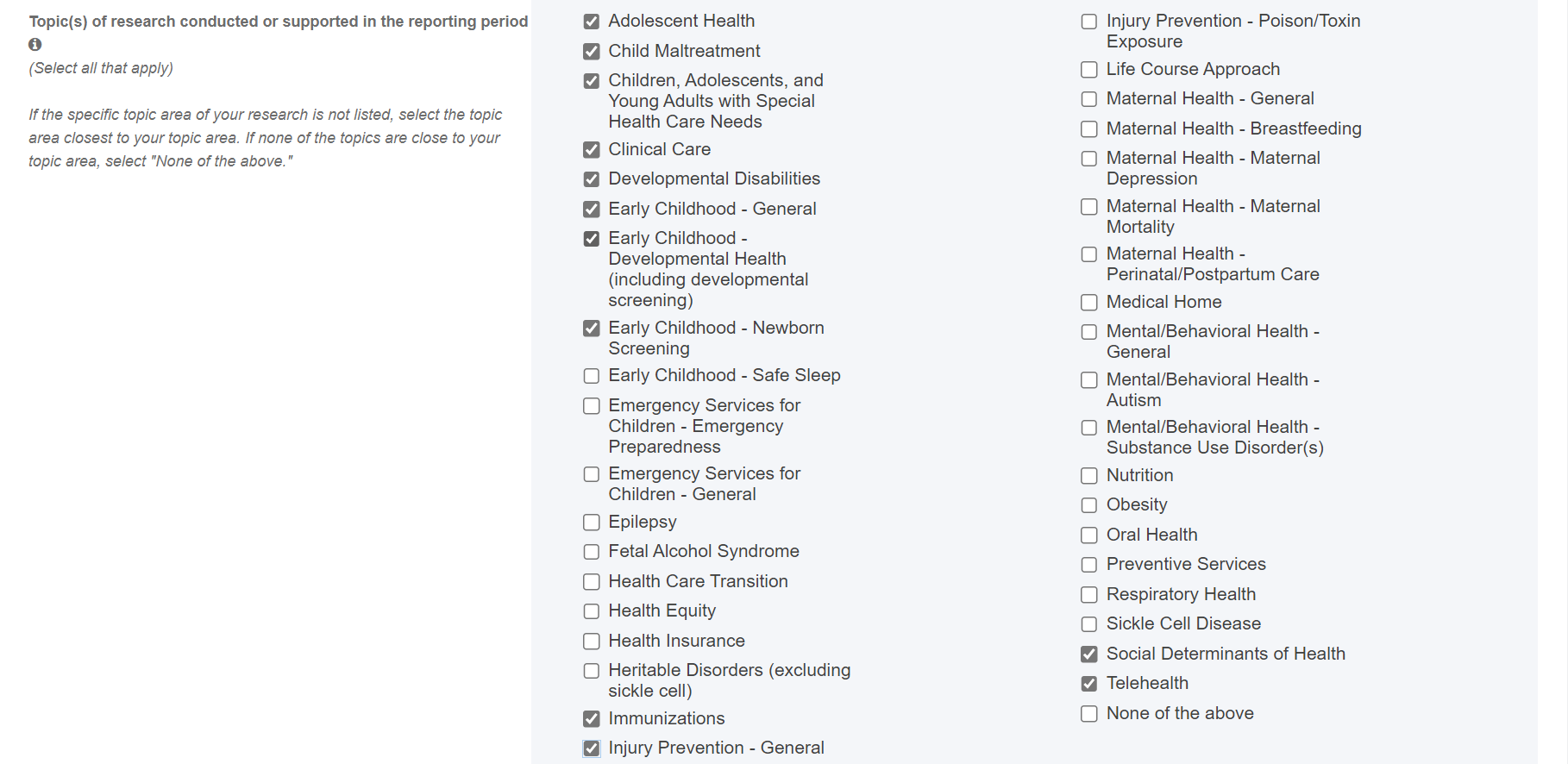 Topics of research section Screenshot of Topics of research section
