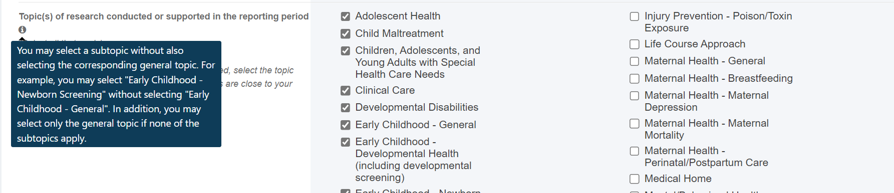 topics of research conducted in reporting period section Screenshot of topics of research conducted in reporting period section