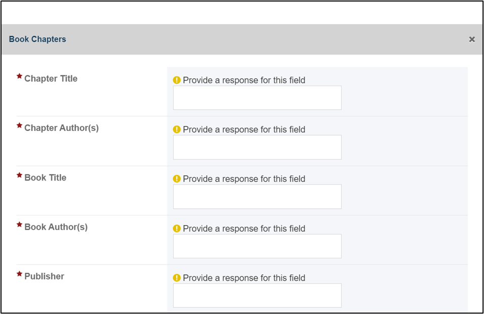 Screenshot of Book chapters required section