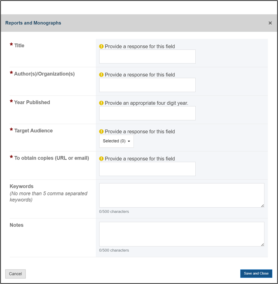 Screenshot of Reports and monographs required sections