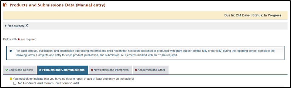 Screenshot of Products and submissions data