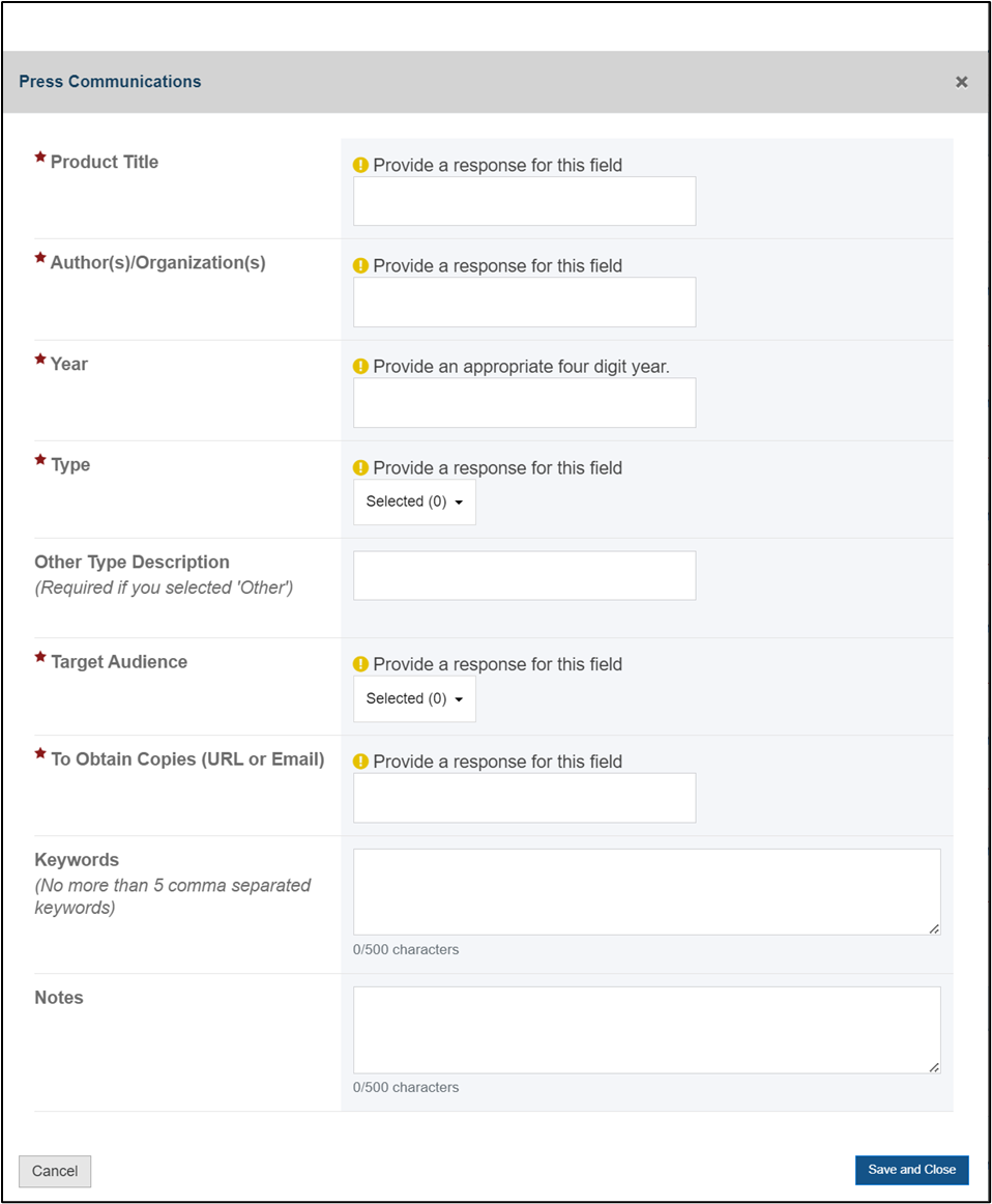 Press communications required sections Screenshot of Press communications required sections