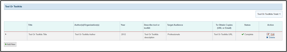 Screenshot of Tool or toolkits section