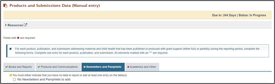 Screenshot of Products and submissions data resources section