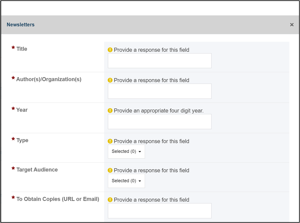 Screenshot of Newsletters required fields section
