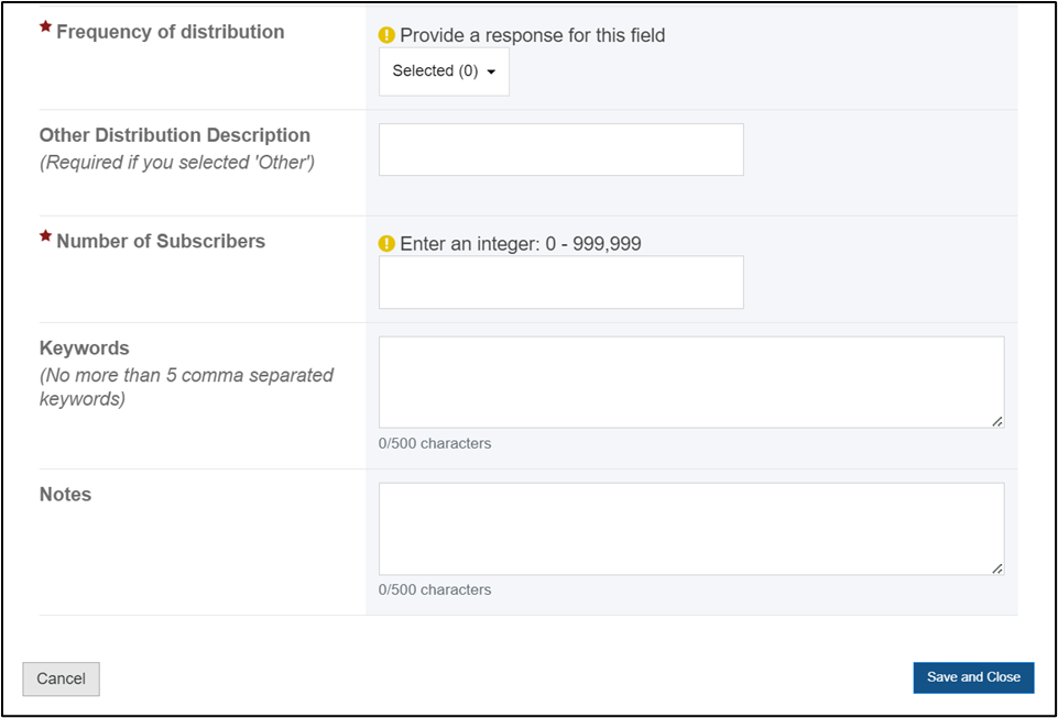 Newsletters required fields section 2 Screenshot of Newsletters required fields section 2
