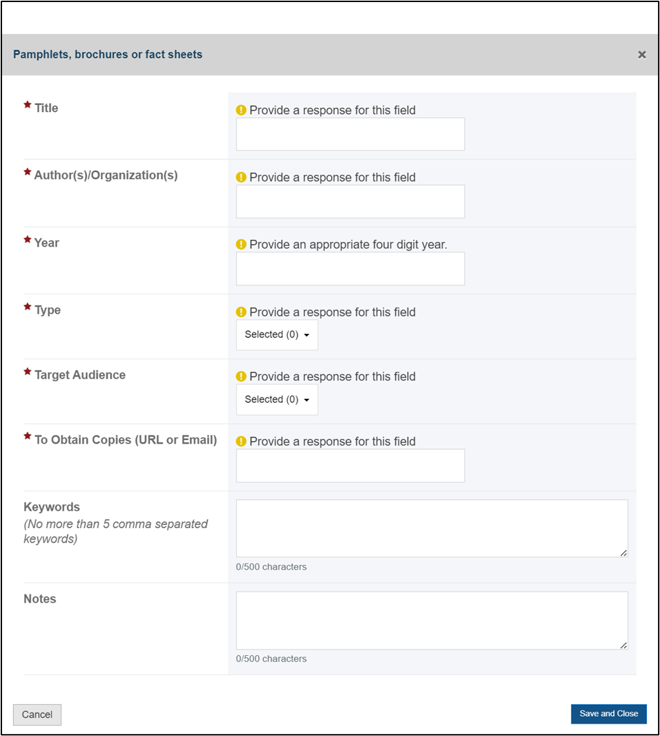 Screenshot of Pamphlets brochures and facts sheets section Required Section