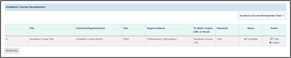 Academic Course development section Screenshot of Academic Course development section
