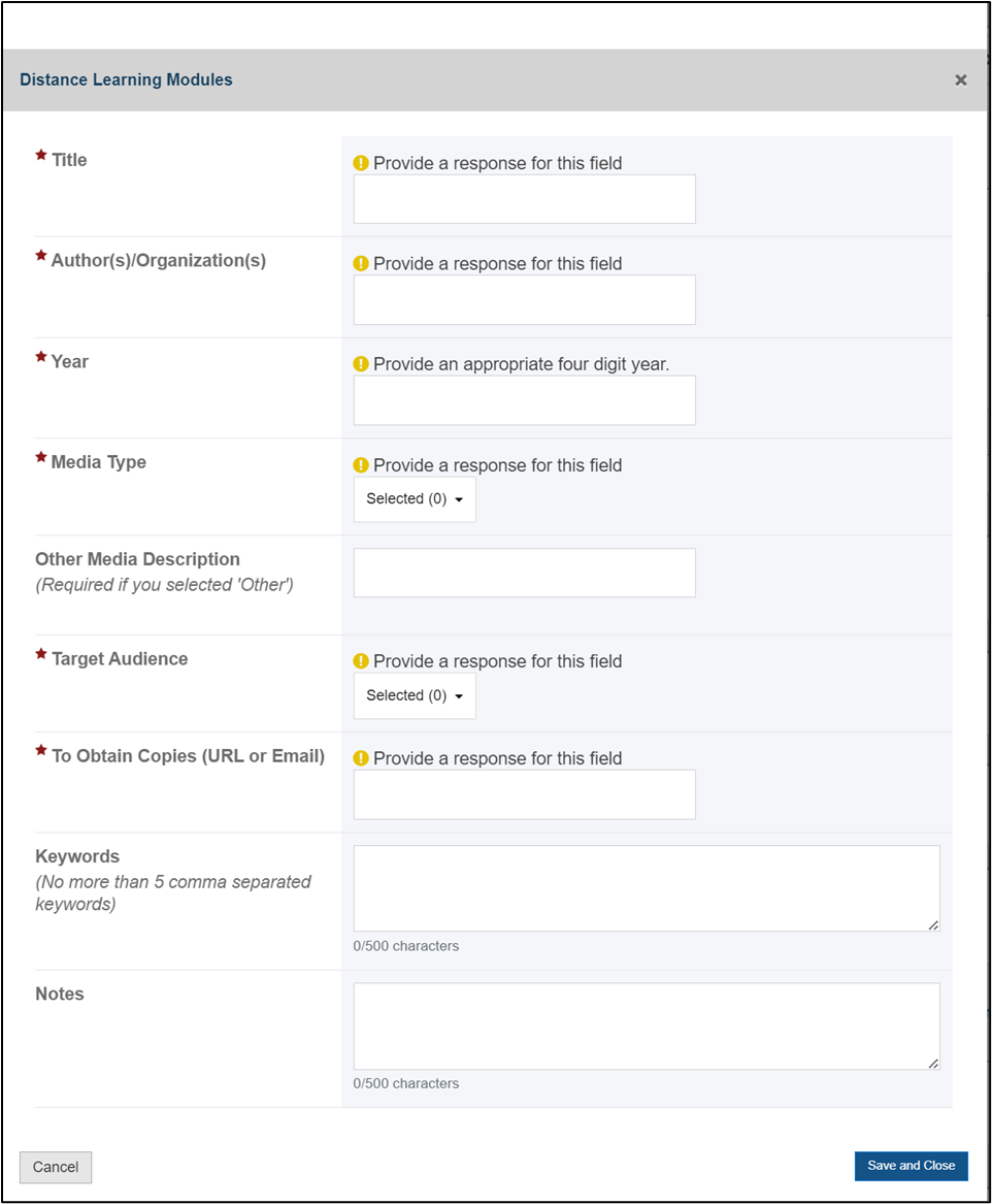 Distance learning modules required sections Screenshot of Distance learning modules required sections