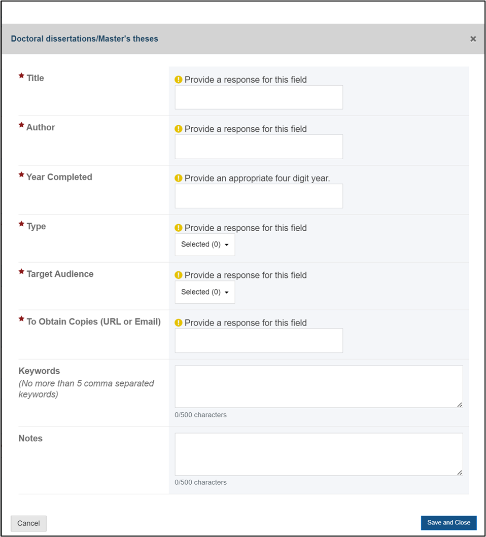 Screenshot of Doctoral Dissertations and Master's Thesis required sections field