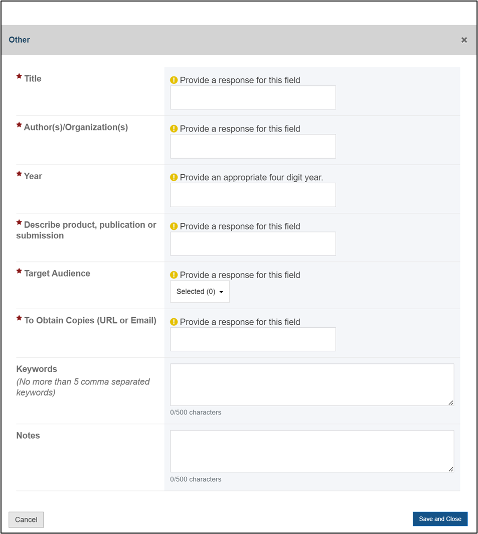 Screenshot of Other Section Required Section