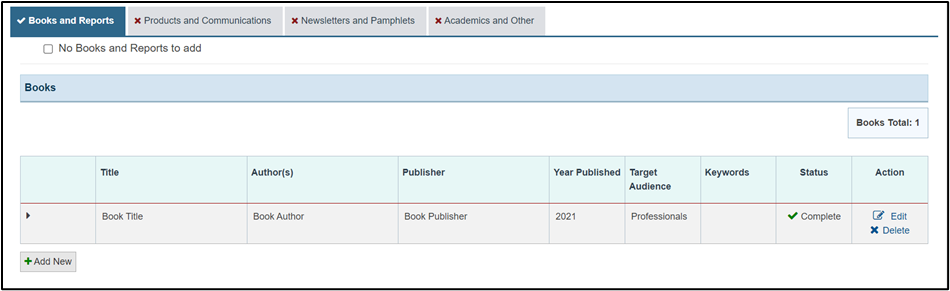 Books and Reports Screenshot of Books and Reports