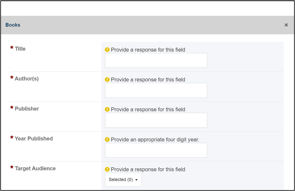 Screenshot of Books and requires fields