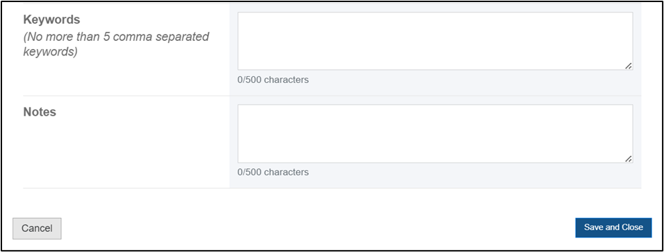 Screenshot of Keywords Fields
