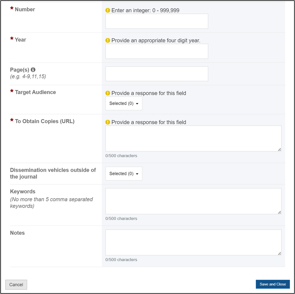 Screenshot of Published Articles Required entry fields 2