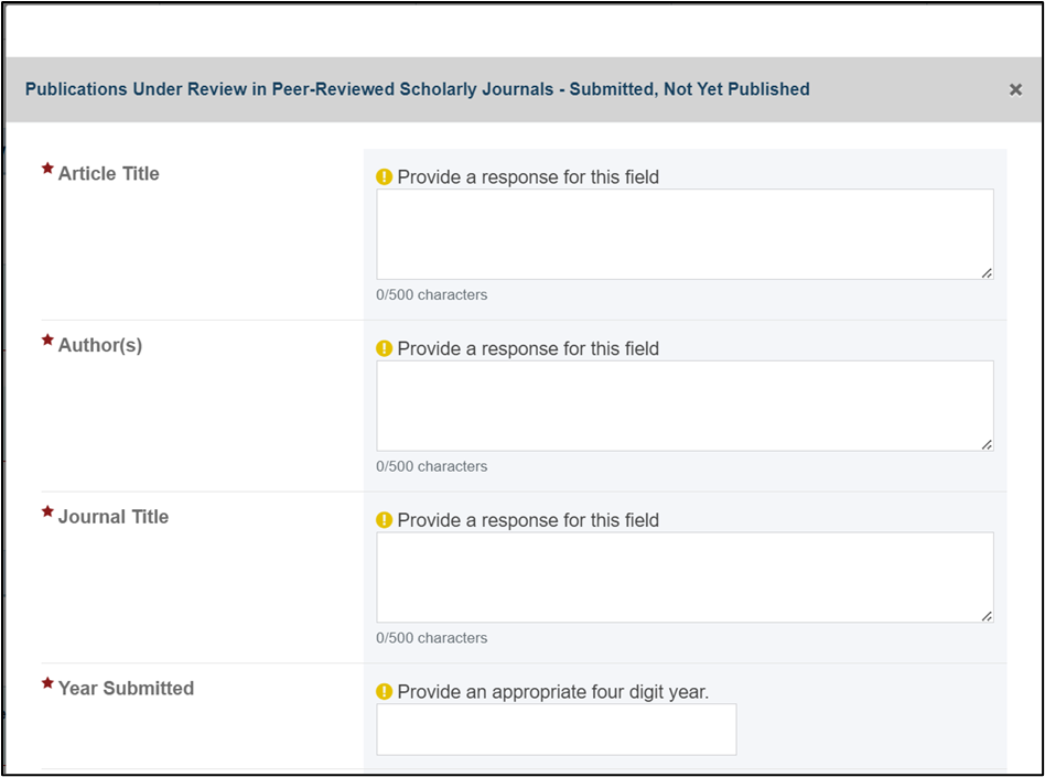 Screenshot of Publications under review required data entry frields