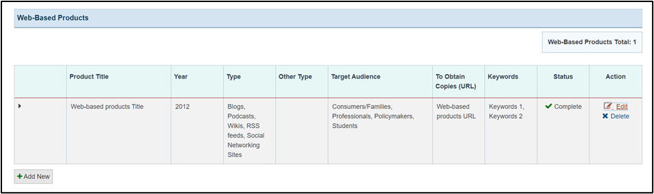 Screenshot of Web based products add new button