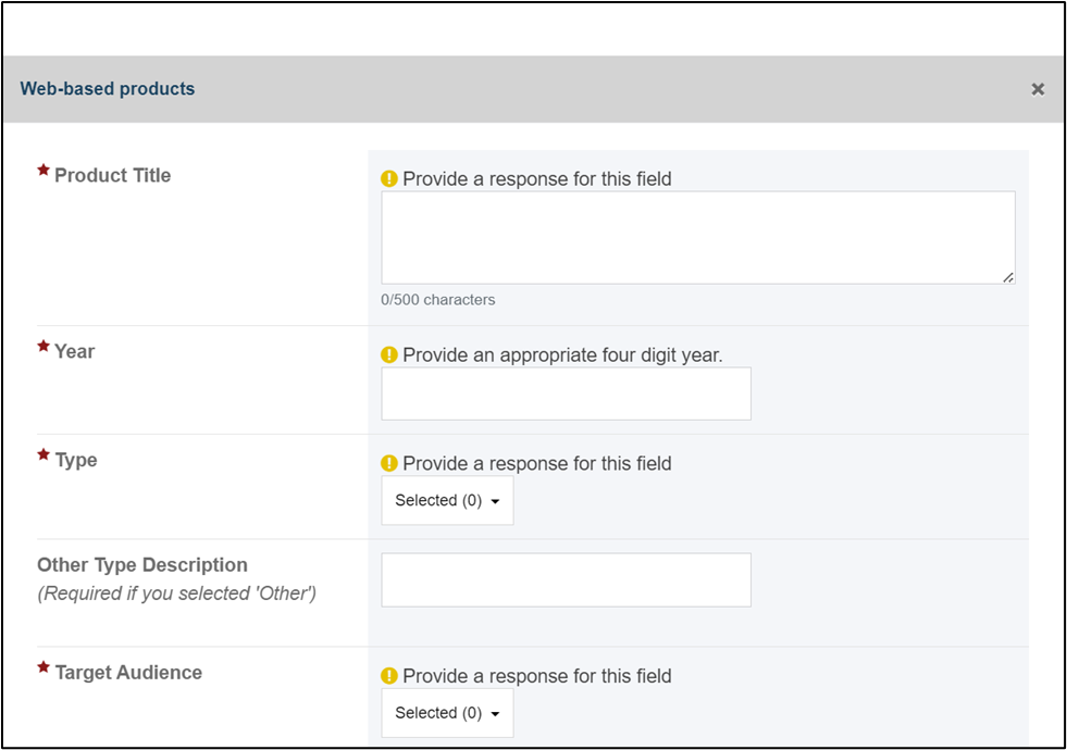 Web based products required fields Screenshot of Web based products required fields