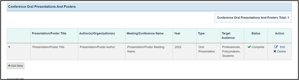 Screenshot of Conference Oral Presentations and posters