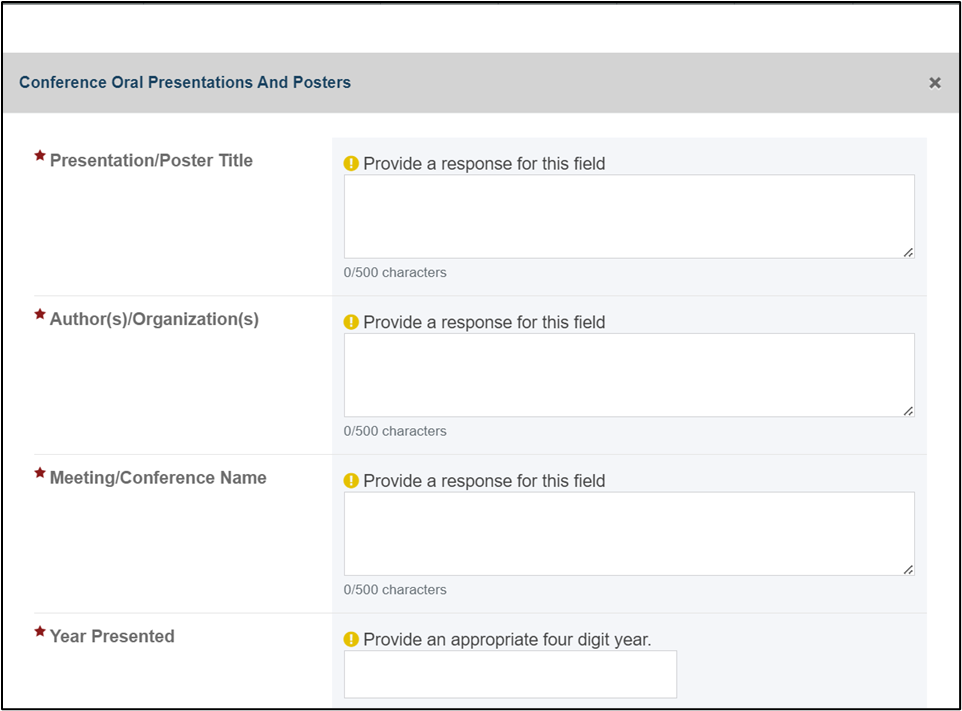 Screenshot of Conference Oral Presentations and posters  Required fields